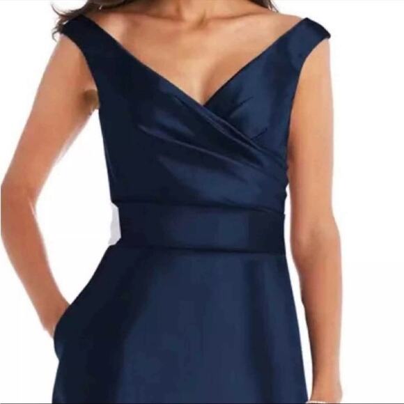 Alfred Sung Off The Shoulder Satin Navy Maxi Gown New Retails $239 - Picture 5 of 10